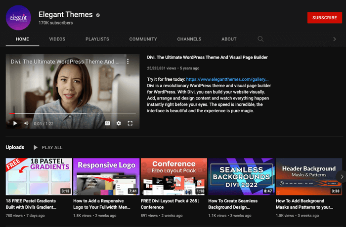 Elegant Themes YouTube page