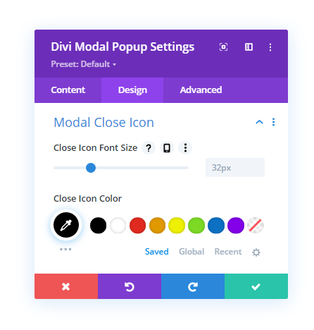 Modal Header Close Icon settings in the design tab