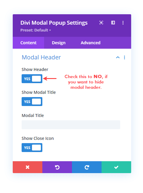 Modal header settings