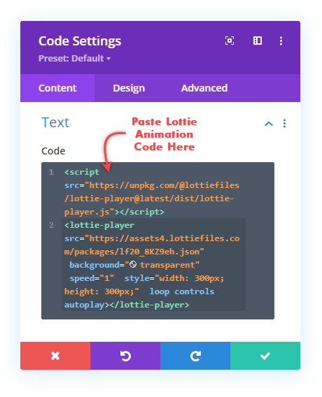 Pasting Lottie Animations code in Code module