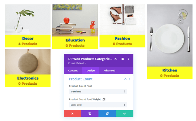 Product Count text settings in Design tab of Woo Categories module