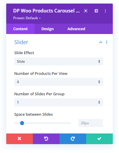 Slide Effect options in Divi Plus WooCommerce Products Carousel