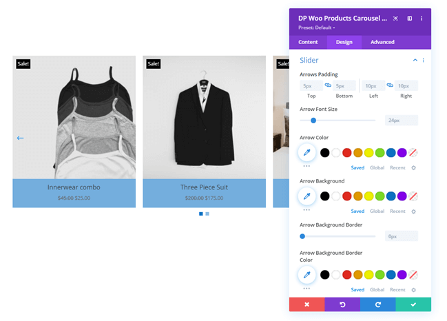 Woo Products Carousel Slider options in Design tab