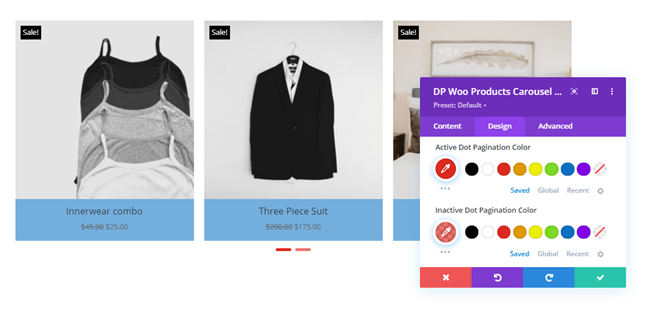 Woo Products Carousel Slider pagination options in Design tab