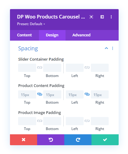 Woo Products Carousel Spacing options in Design tab