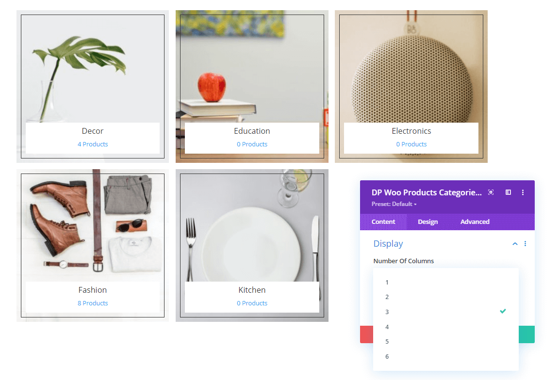 Woo Products Categories and Number of Columns
