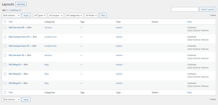 Divi Layouts Extended saved layouts in the library