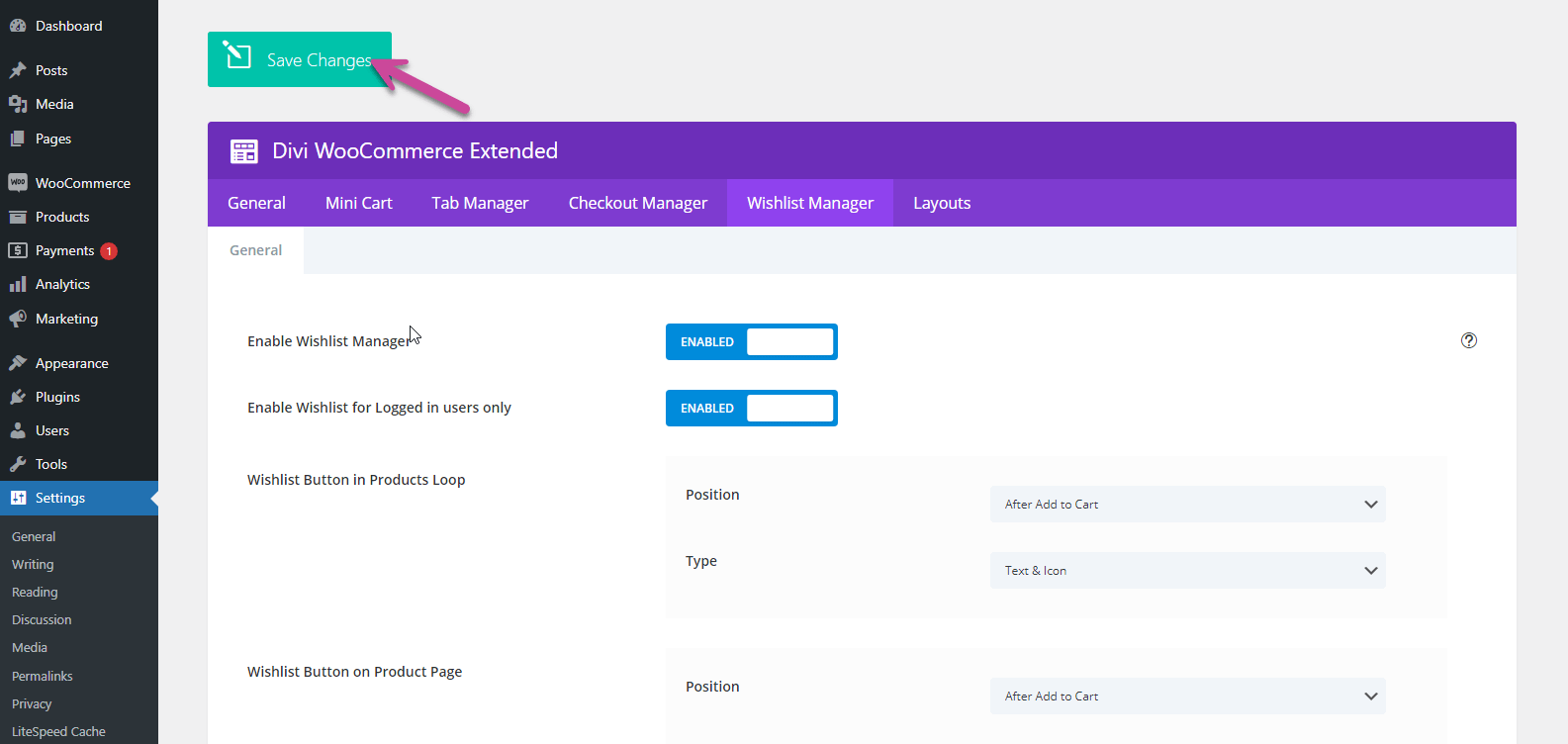 Saving settings of Divi WooCommerce Extended