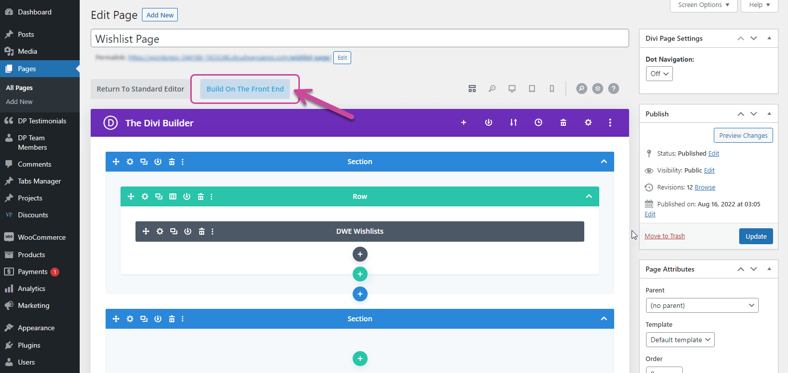 Build On The Front End option for Divi Wishlist Page