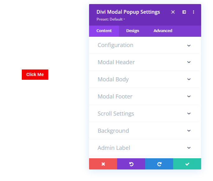 Default Divi Modal Popup Settings