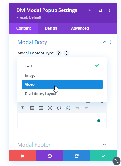 Selecting the Video Option in the Modal Body