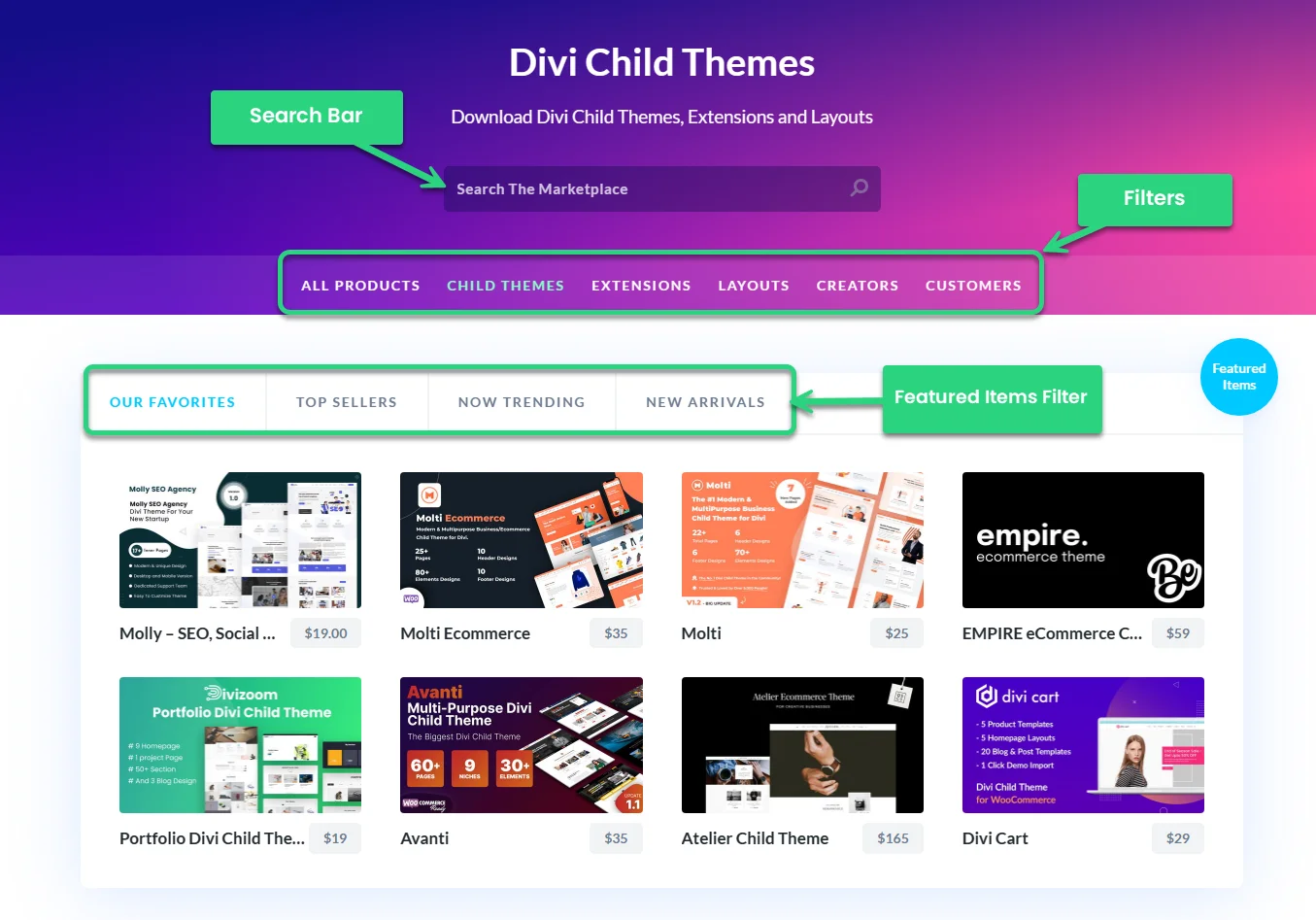 Divi Marketplace When Custom Search and Filters