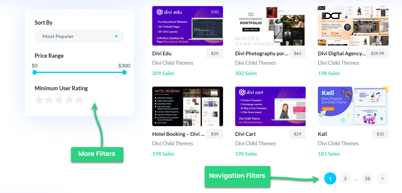 More filters and navigation option in the Divi theme marketplace
