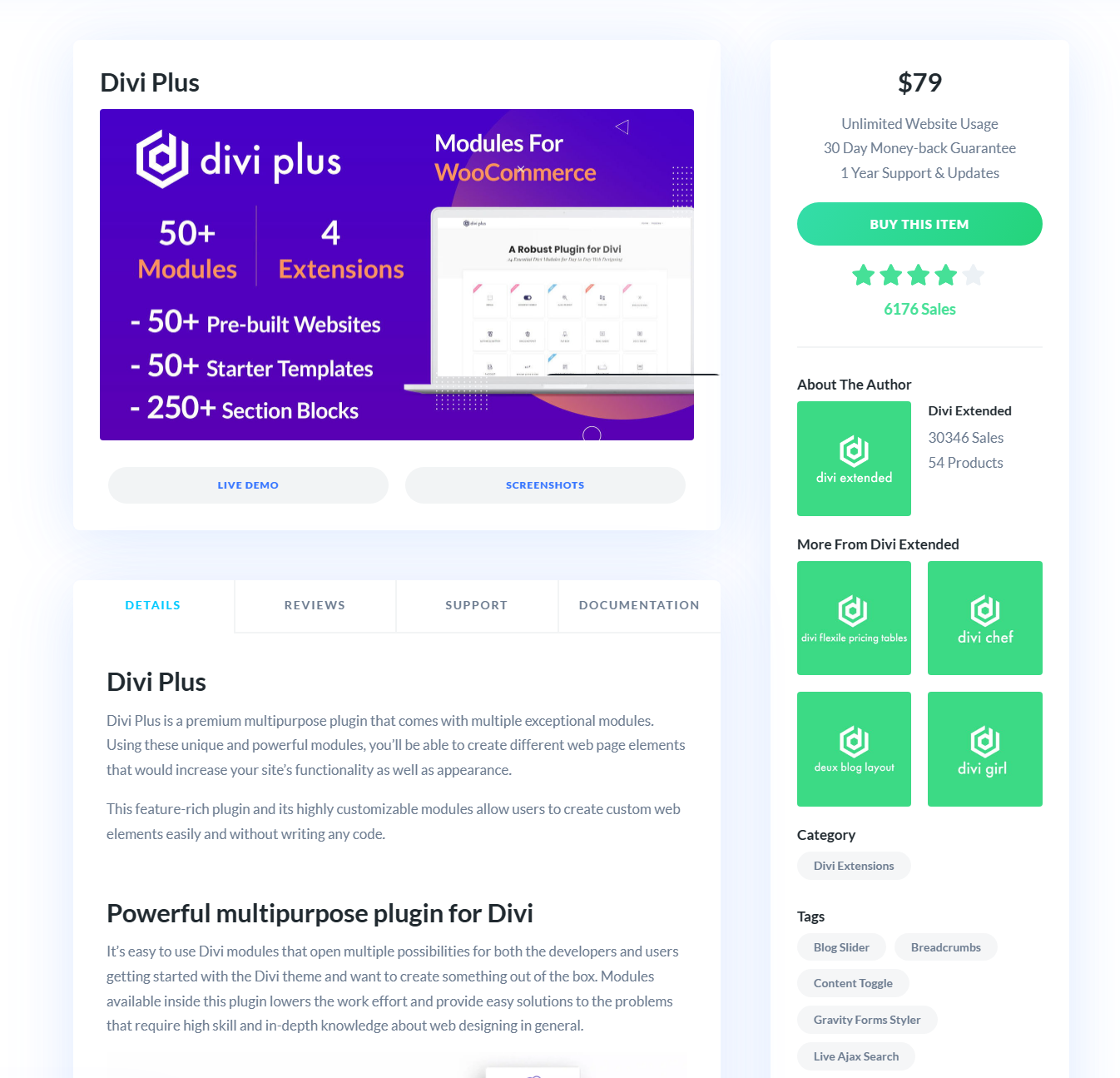 Product page on the marketplace of Divi
