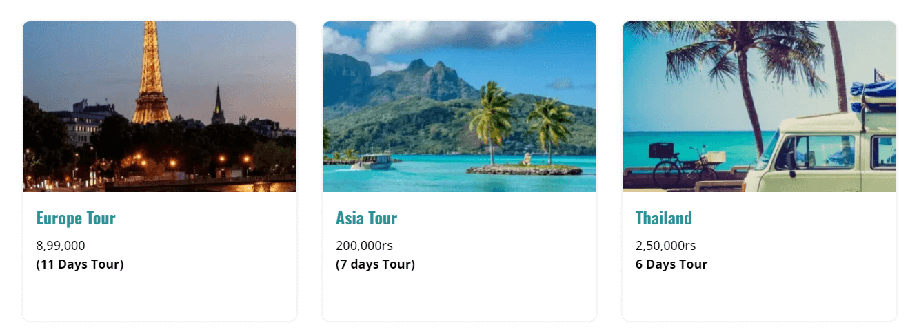 Travel package example for building a travel website