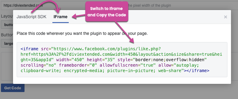 copying iframe code for facebook like button