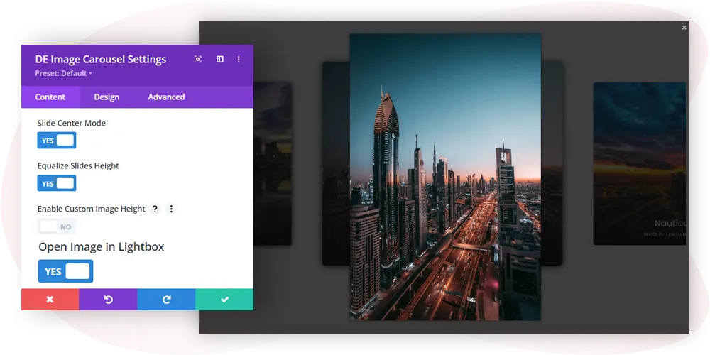 Divi display lightbox image carousel