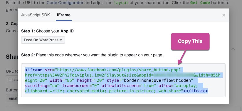 Facebook share button copying iframe code