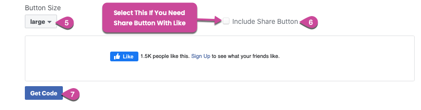 selecting size, share button for like button of facebook social plugins