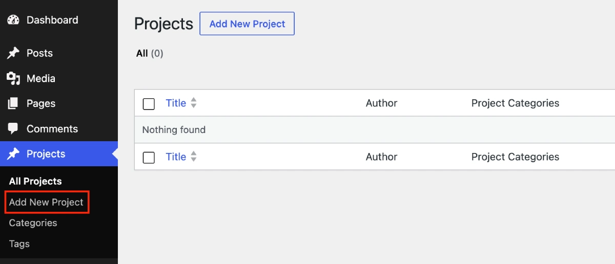 Divi create projects to display portfolio
