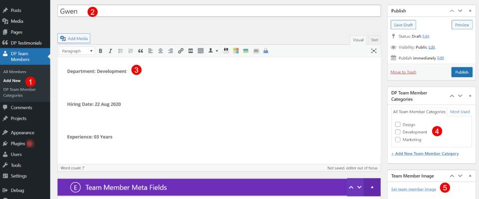 WordPress team page add profile details