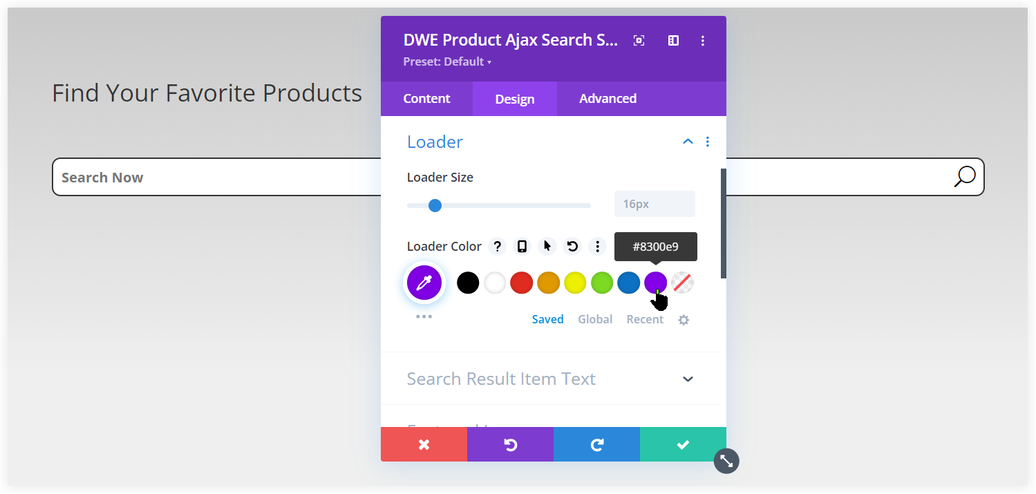 Loader in Divi Ajax search in WooCommerce 