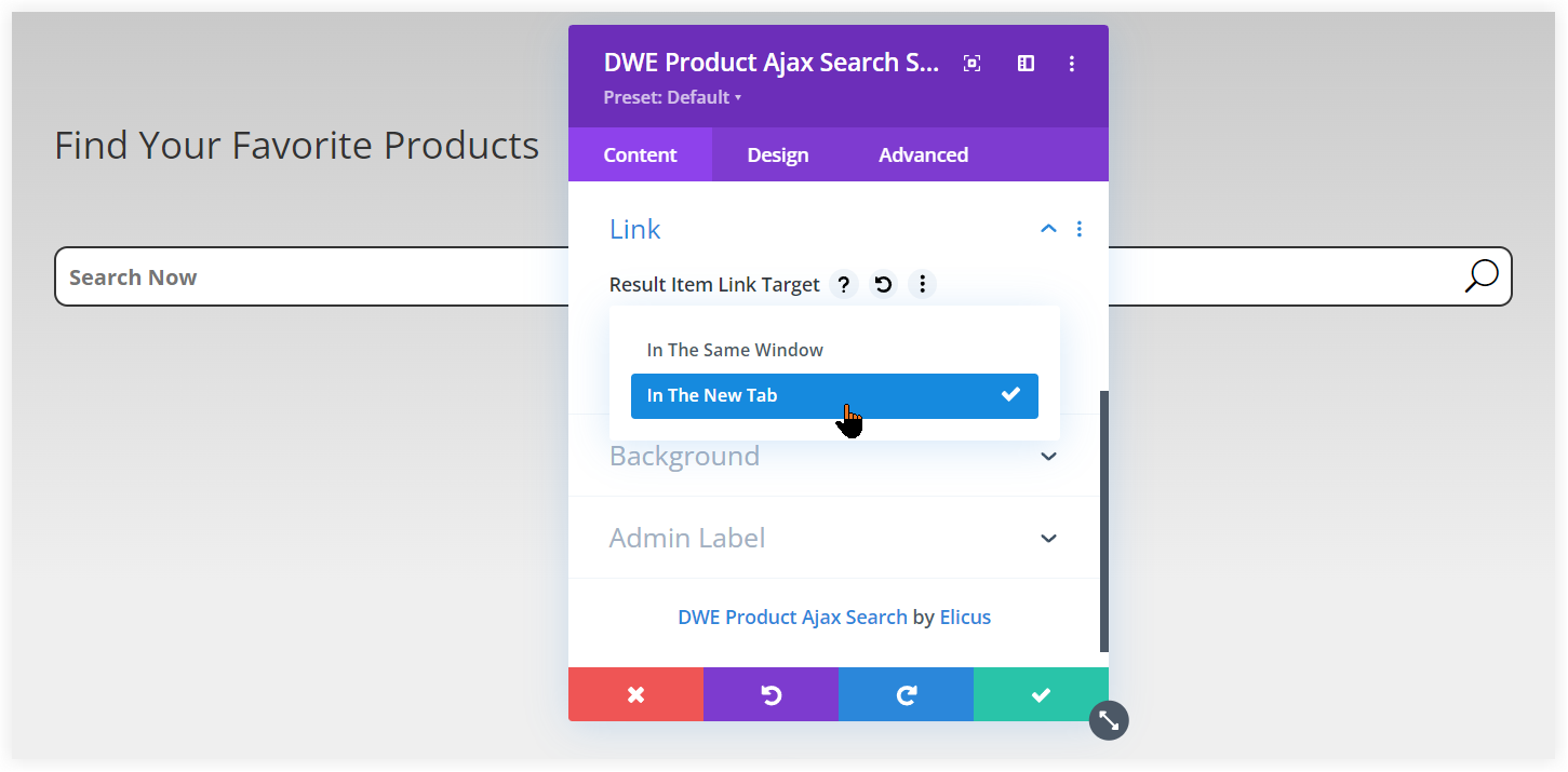 Show products in new tab in Divi Ajax search in WooCommerce 