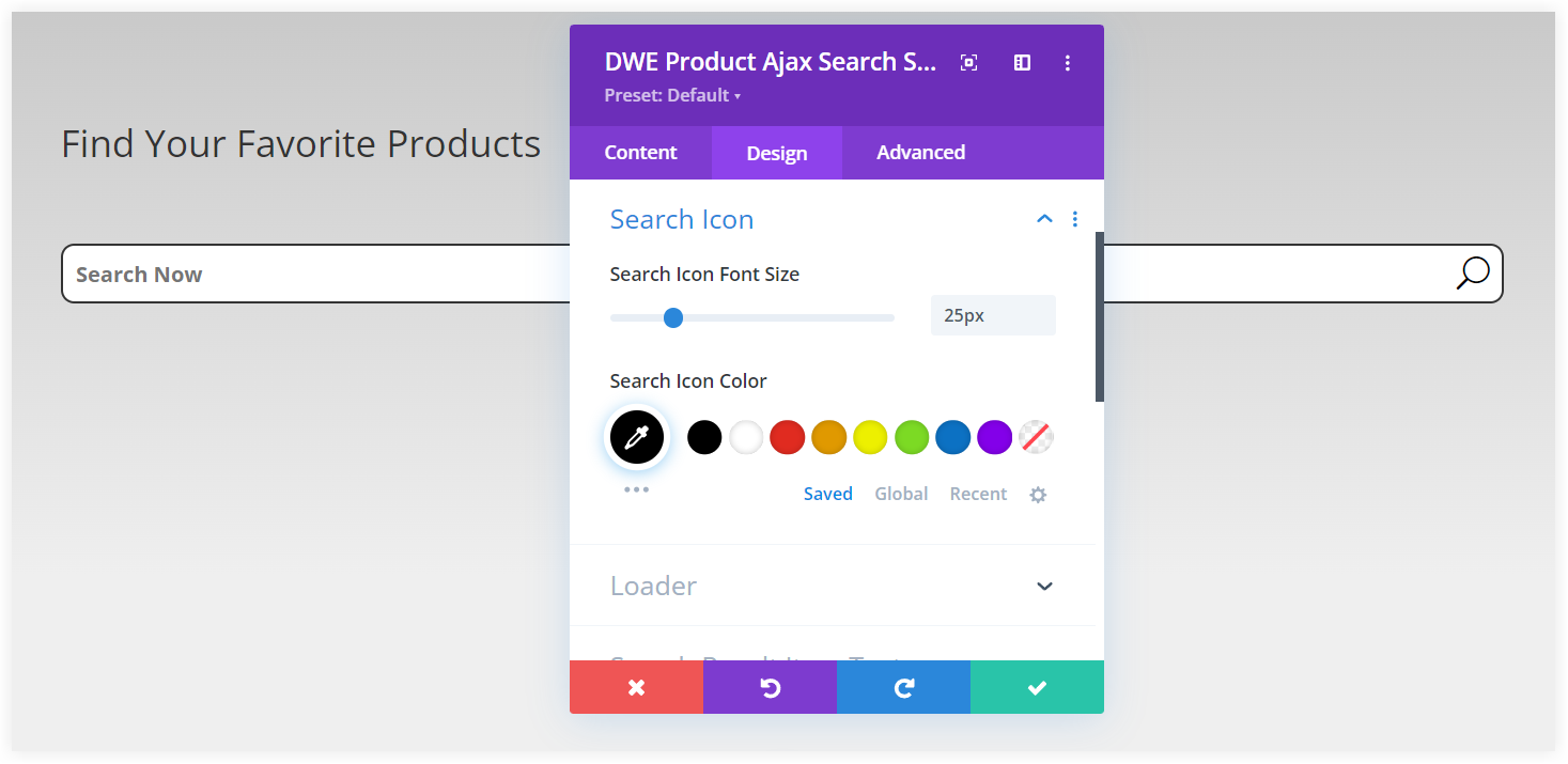 Search icon in Divi Ajax search in WooCommerce 