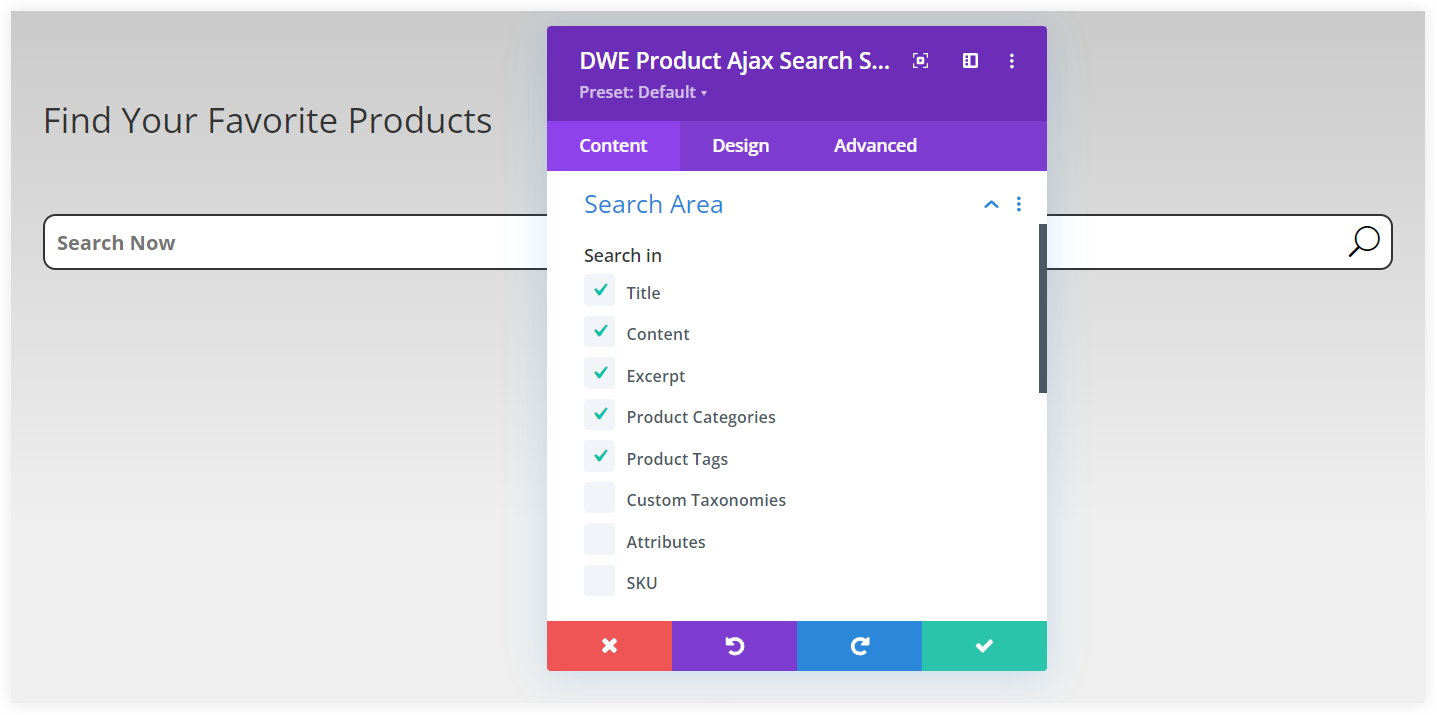 Divi Ajax search in WooCommerce search parameters