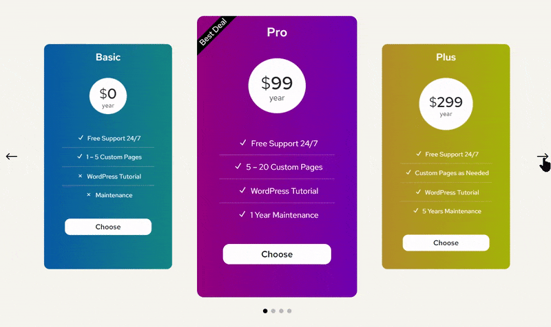 Pricing table carousel module for Divi