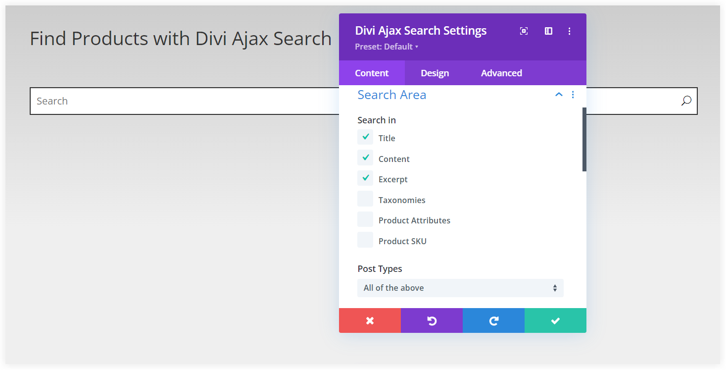Divi ajax search plugin configure search area