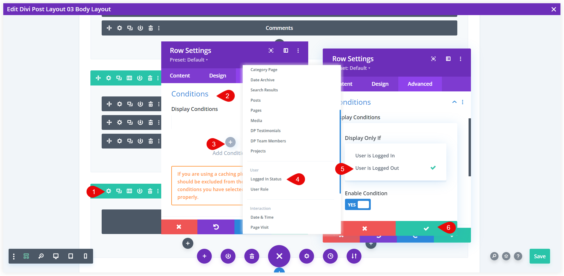 Configure Divi conditions on post layout rows