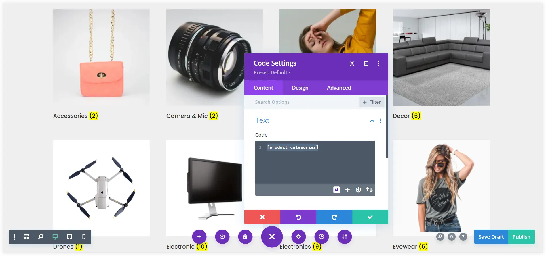 Divi product category page using shortcodes
