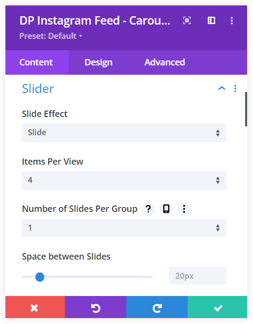 Divi Instagram feed carousel slider settings