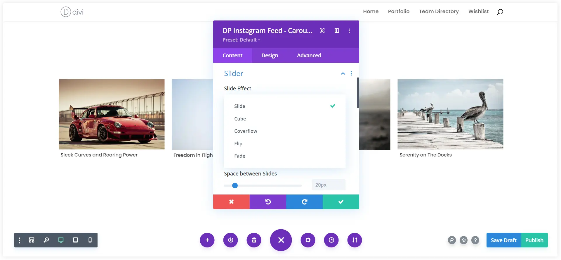 Divi Instagram feed carousel csúszka effektusok