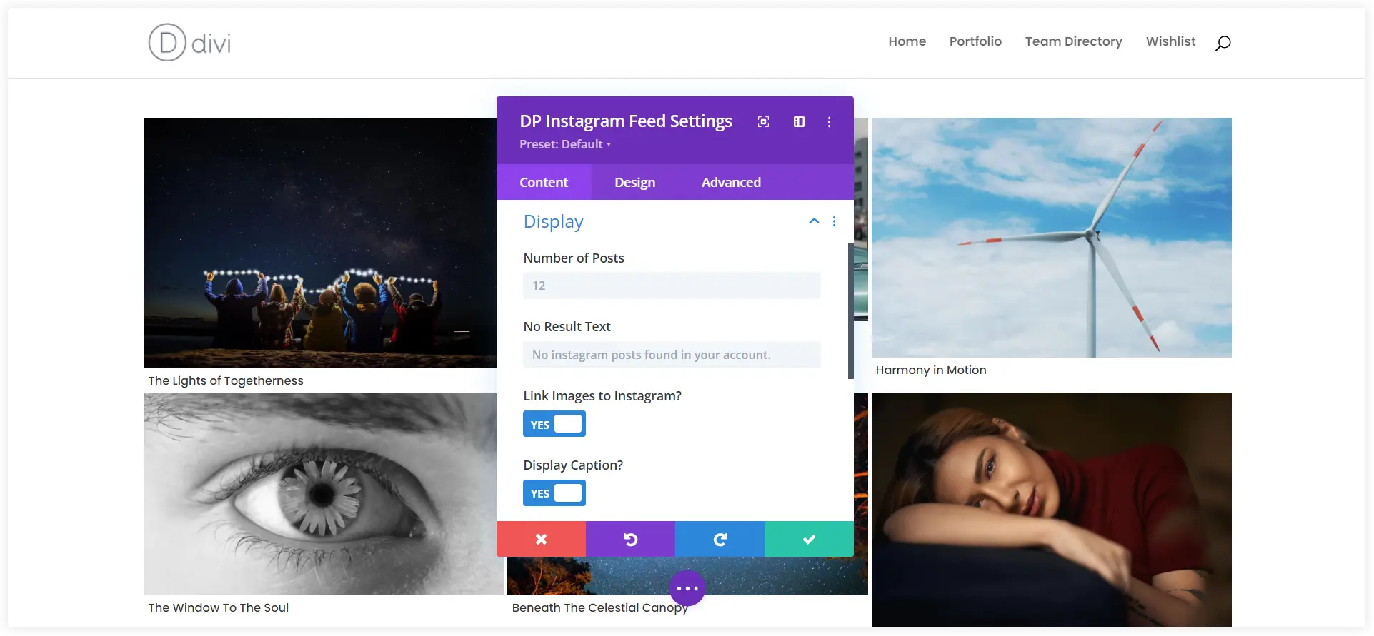 Divi Instagram feed display options