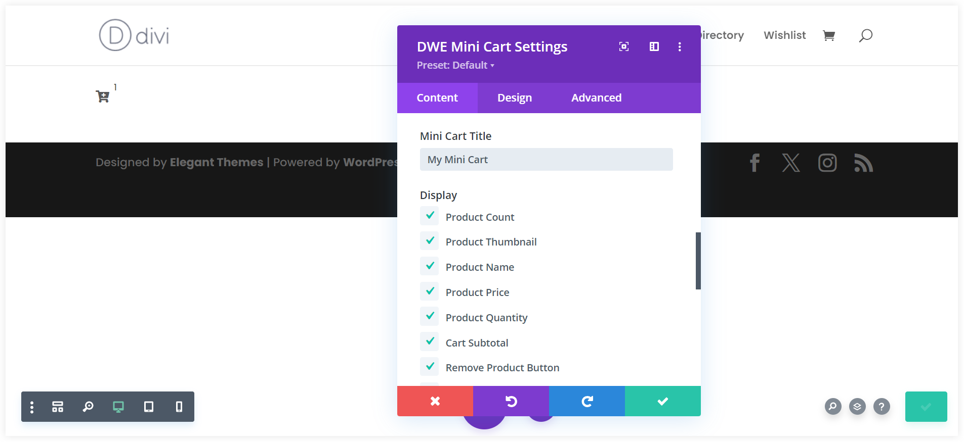 Divi mini cart display options