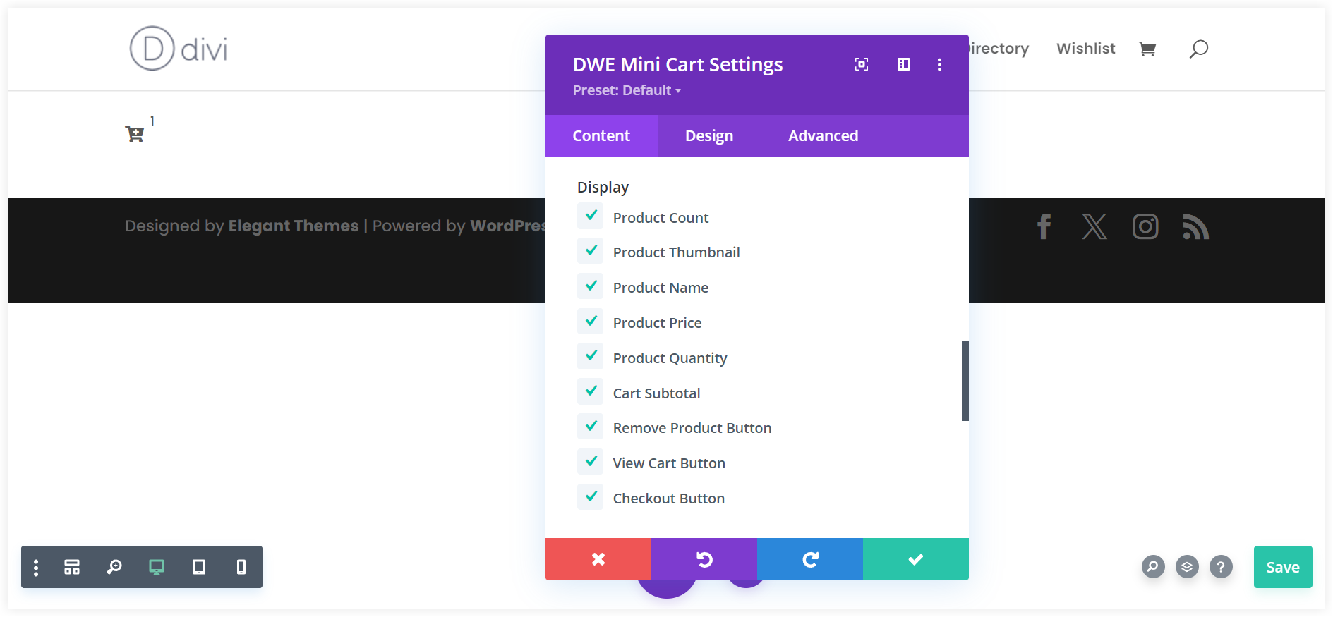 Divi mini cart product display options