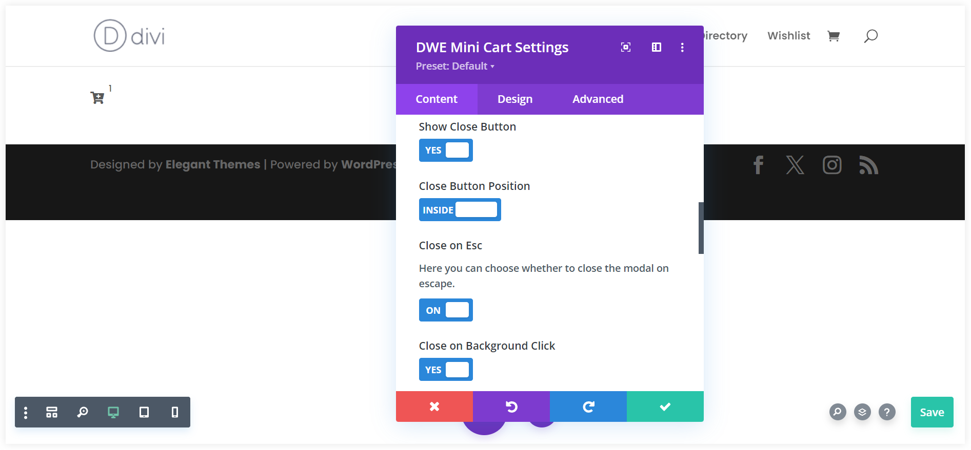 Configure Divi mini cart modal popup style