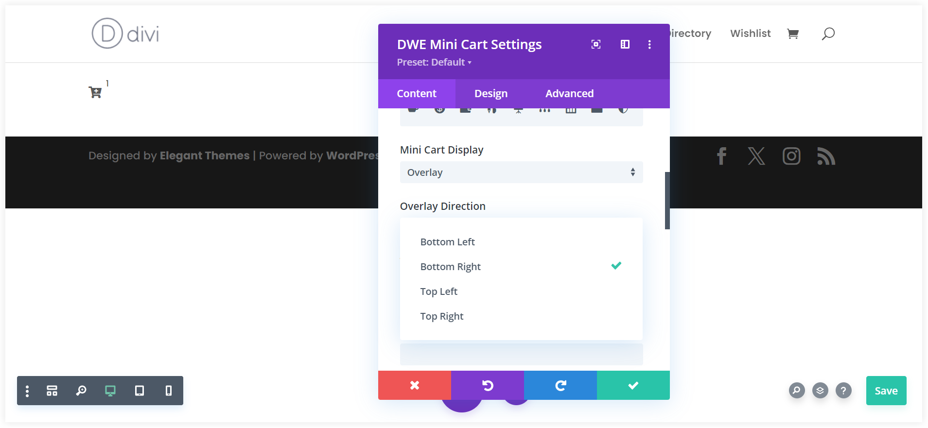 Configure Divi mini cart overlay style