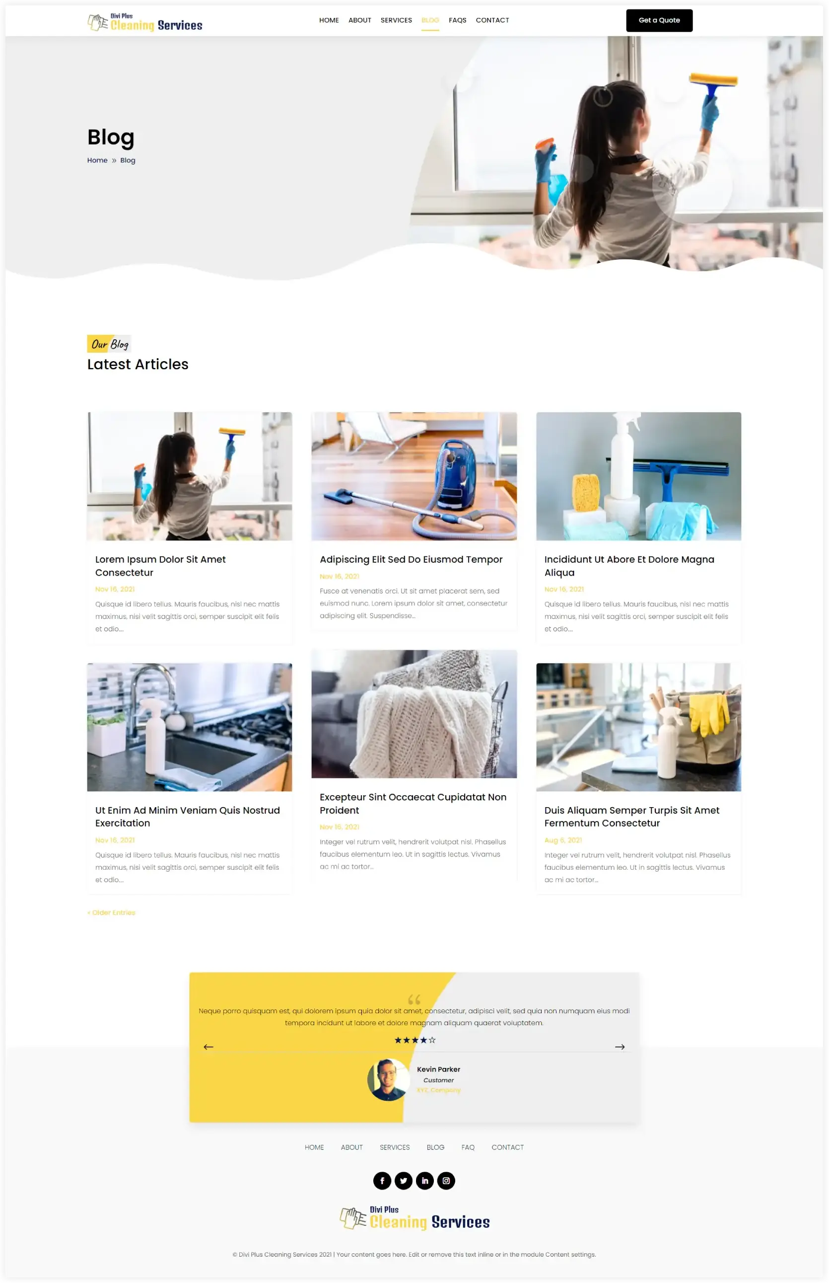 Divi cleaning service child theme blog page