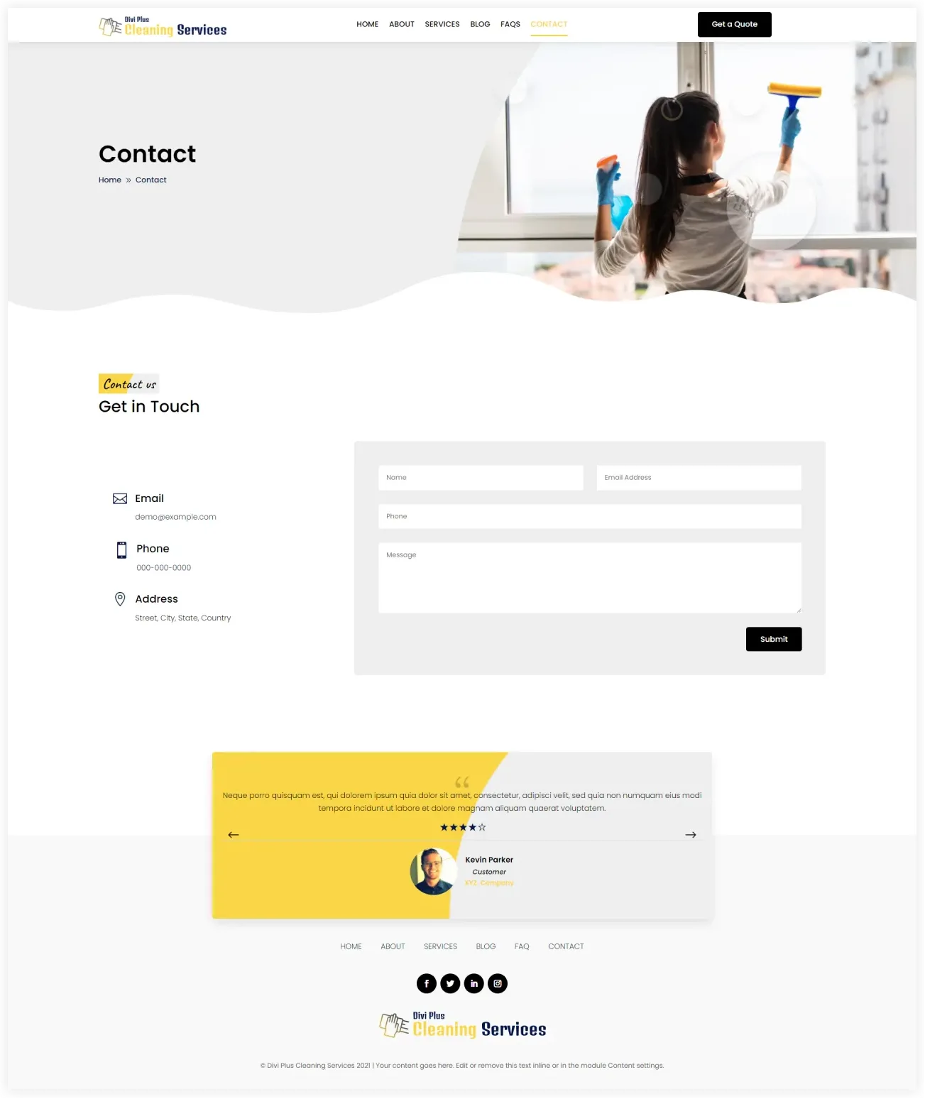 Divi cleaning service child theme contact page
