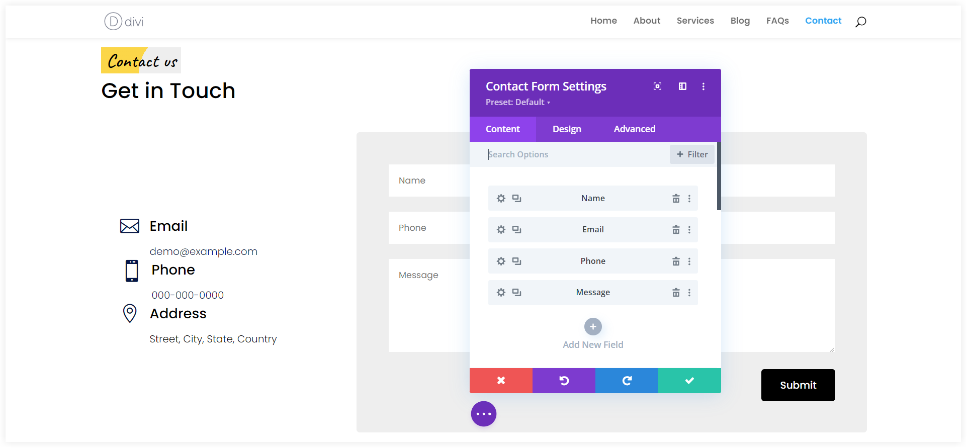 Configure Divi cleaning service contact page layout