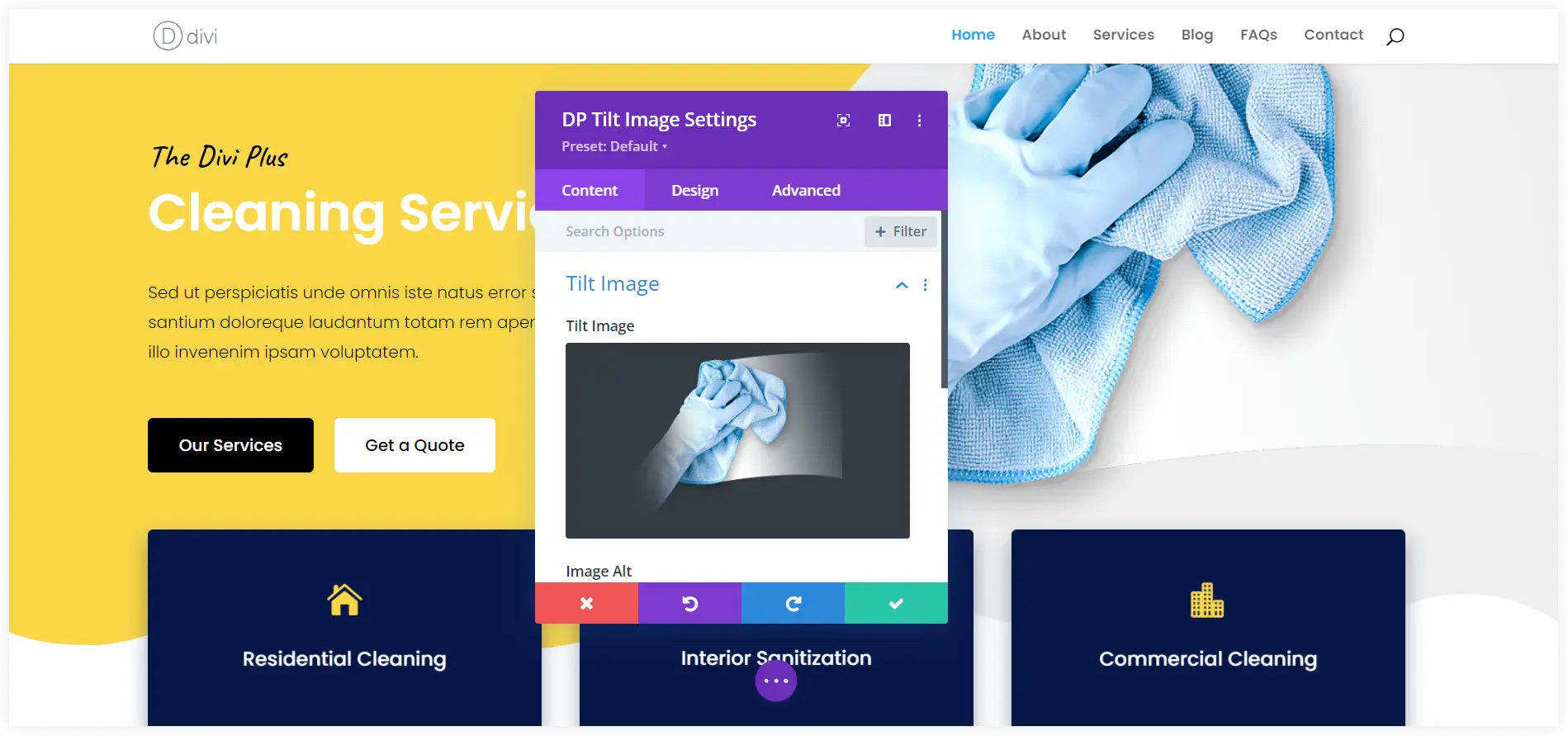 Configure Divi cleaning service homepage layout