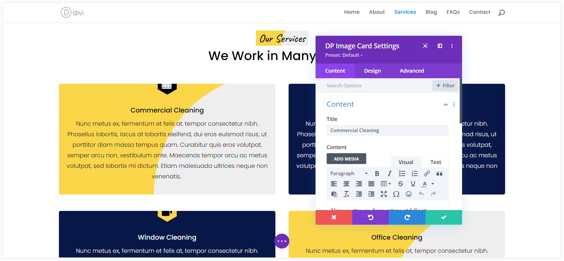 Configure Divi cleaning service page layout