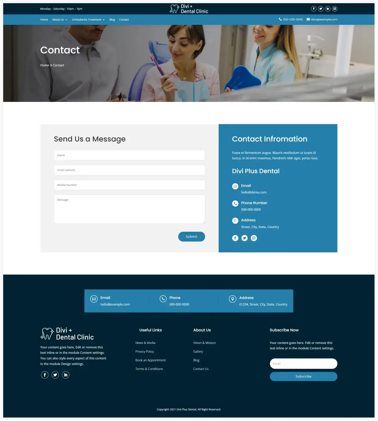 Divi Dental child theme contact layout