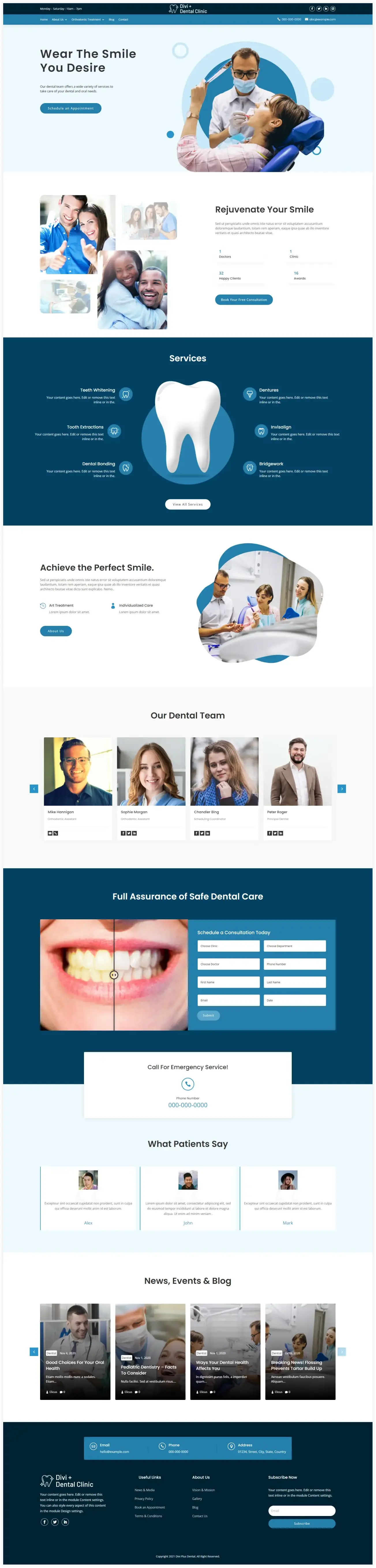 Divi Dental theme homepage layout