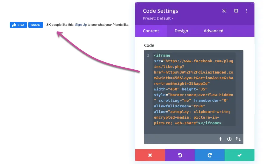 Add Facebook like button with code module of Divi
