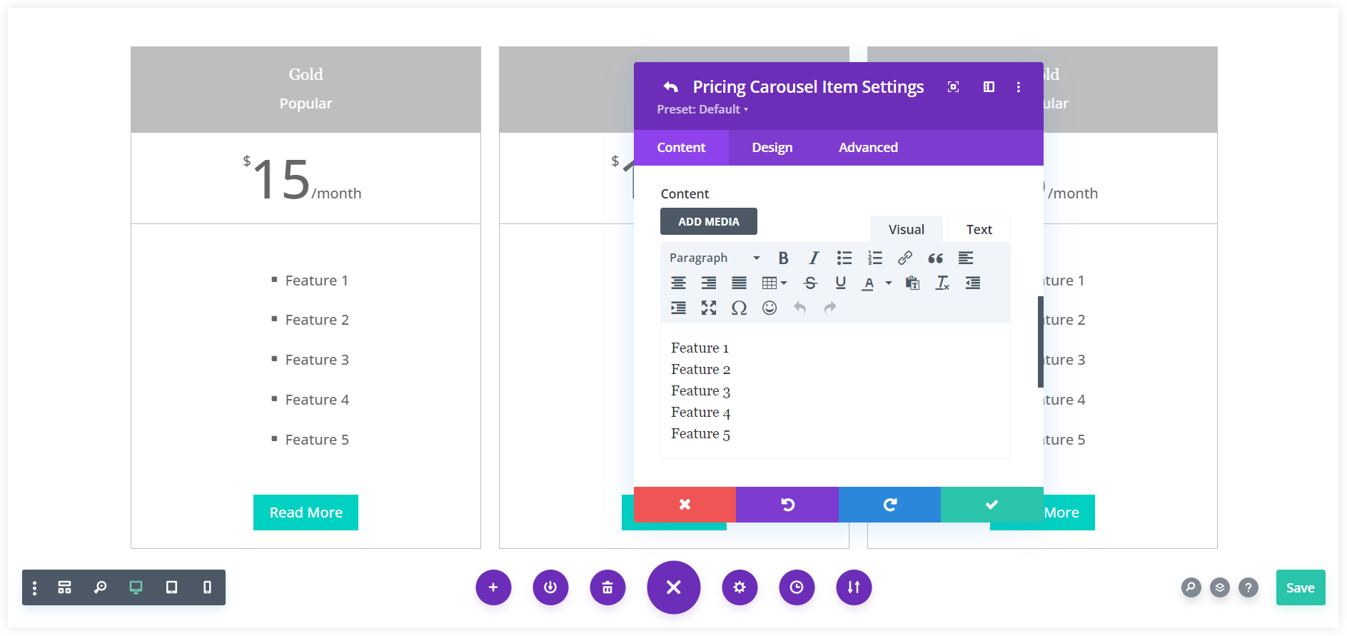 Features in Divi pricing table