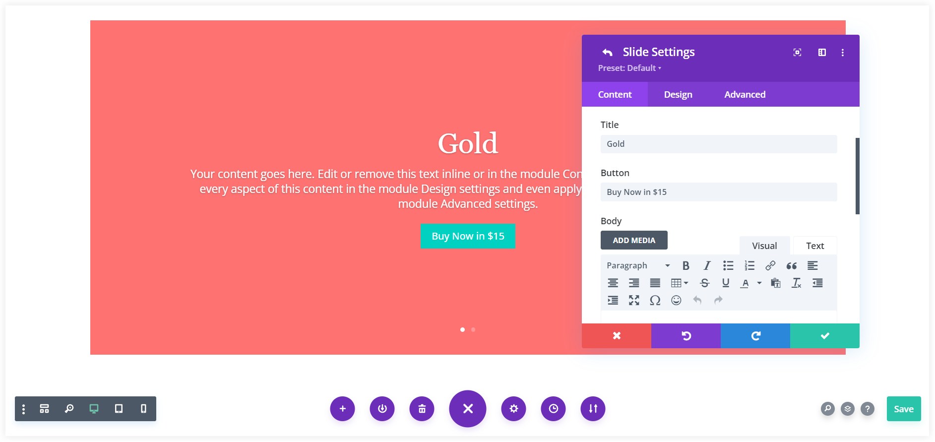 Divi Pricing table Content Settings